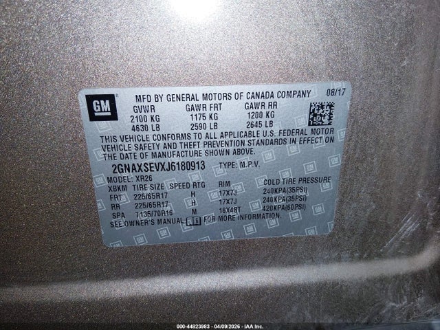 Продаж на аукціоні авто 2018 Chevrolet Equinox Lt, vin: 2GNAXSEVXJ6180913, номер лоту: 44823983