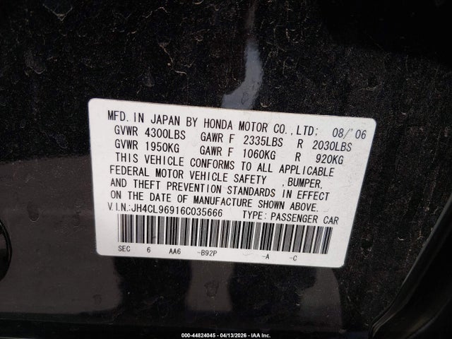 Aukcja sprzedaży 2006 Acura Tsx, vin: JH4CL96916C035666, numer aukcji: 44824045