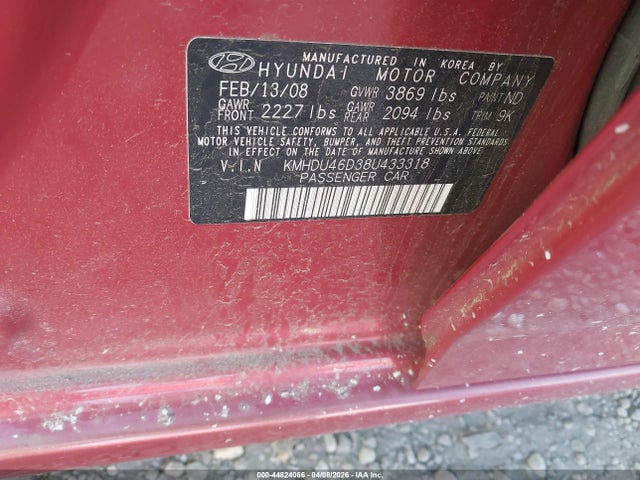 Продаж на аукціоні авто 2008 Hyundai Elantra Gls/se, vin: KMHDU46D38U433318, номер лоту: 44824066