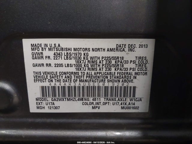 44824068 :رقم المزاد ، 4A4AR3AU6EE019202 vin ، 2014 Mitsubishi Outlander Sport Es مزاد بيع