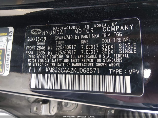 Aukcja sprzedaży 2019 Hyundai Tucson Value, vin: KM8J3CA42KU068371, numer aukcji: 44824083