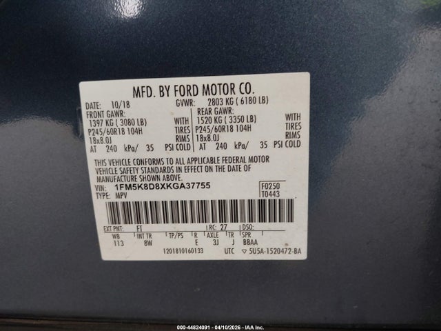 2019 FORD EXPLORER 1FM5K8D8XKGA37755 Photo 8