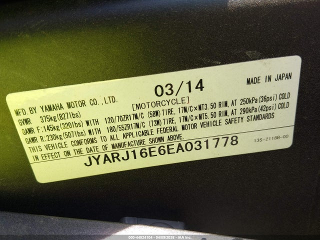 2014 Yamaha Yzfr6 მანქანა იყიდება აუქციონზე, vin: JYARJ16E6EA031778, აუქციონის ნომერი: 44824104