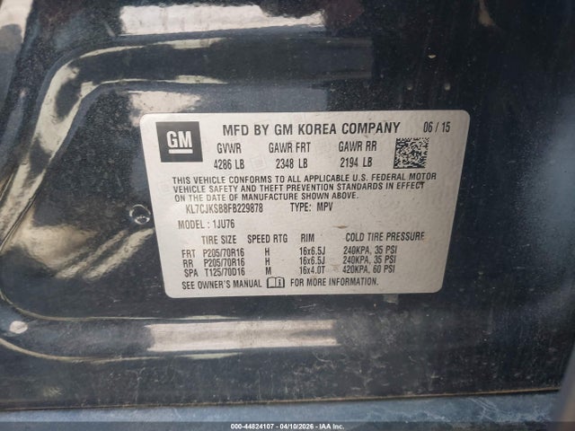 44824107 :رقم المزاد ، KL7CJKSB8FB229878 vin ، 2015 Chevrolet Trax 1ls مزاد بيع