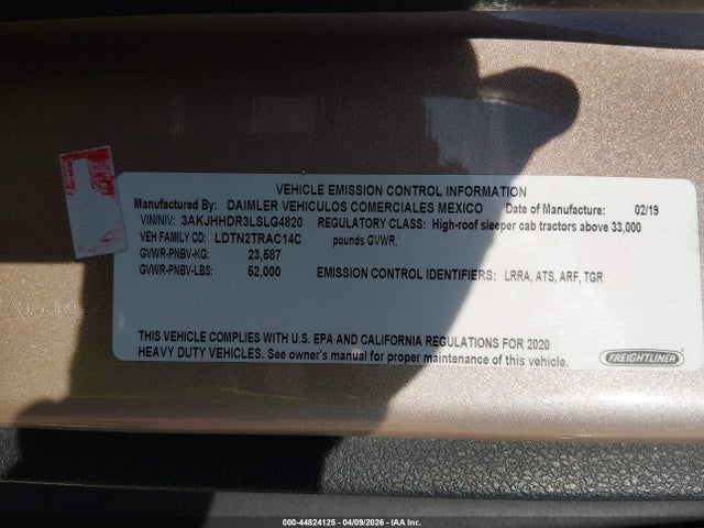 Продаж на аукціоні авто 2020 Freightliner New Cascadia 126, vin: 3AKJHHDR3LSLG4820, номер лоту: 44824125