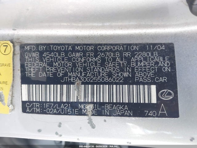 44824136 :رقم المزاد ، JTHBA30G255086022 vin ، 2005 Lexus Es 330 مزاد بيع
