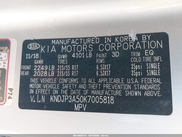 KIA SOUL + 2019 KNDJP3A50K7005818 Image 9