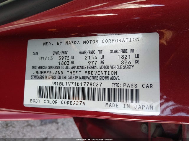 44824154 :رقم المزاد ، JM1BL1V71D1778027 vin ، 2013 Mazda Mazda3 I Touring مزاد بيع