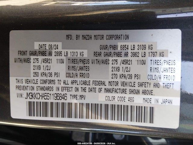 44824156 :رقم المزاد ، JM3KKCHA5S1196846 vin ، 2025 Mazda Cx-90 Phev Premium Sport مزاد بيع