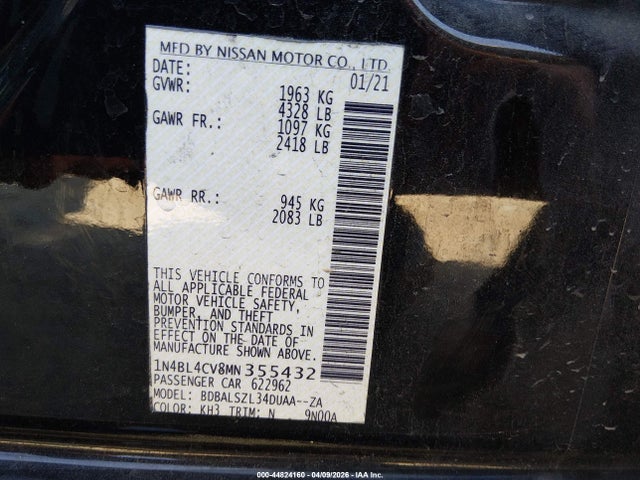 2021 Nissan Altima Sr Fwd მანქანა იყიდება აუქციონზე, vin: 1N4BL4CV8MN355432, აუქციონის ნომერი: 44824160