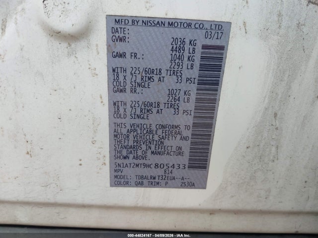 2017 Nissan Rogue Sl მანქანა იყიდება აუქციონზე, vin: 5N1AT2MT9HC805433, აუქციონის ნომერი: 44824167