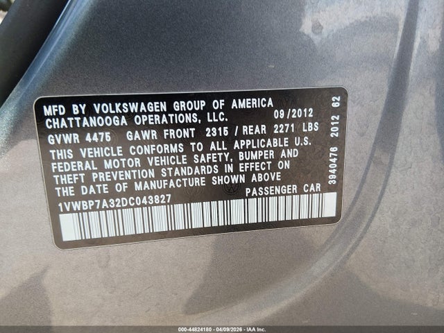 Aukcja sprzedaży 2013 Volkswagen Passat 2.5l Se, vin: 1VWBP7A32DC043827, numer aukcji: 44824180
