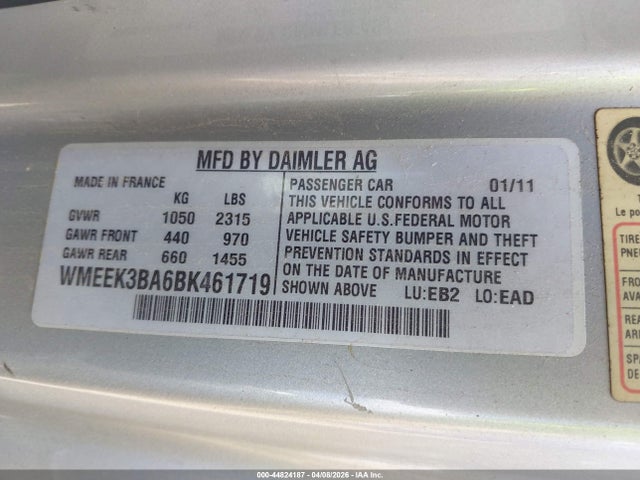 Продаж на аукціоні авто 2011 Smart Fortwo Passion, vin: WMEEK3BA6BK461719, номер лоту: 44824187