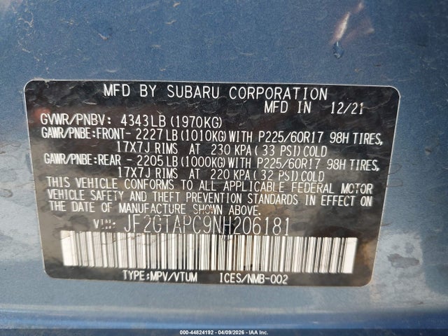 Aukcja sprzedaży 2022 Subaru Crosstrek Premium, vin: JF2GTAPC9NH206181, numer aukcji: 44824192