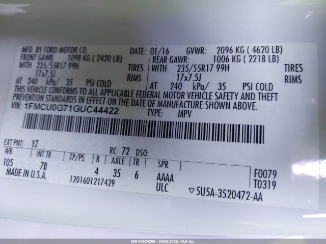 2016 FORD ESCAPE 1FMCU0G71GUC44422 Photo 8