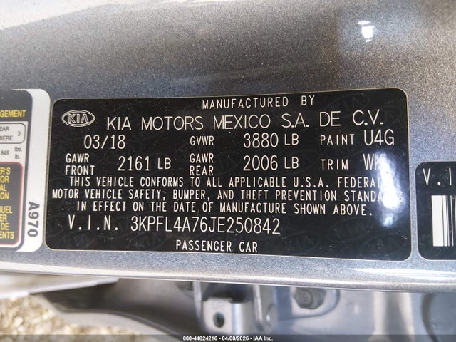 3KPFL4A76JE250842 KIA FORTE S