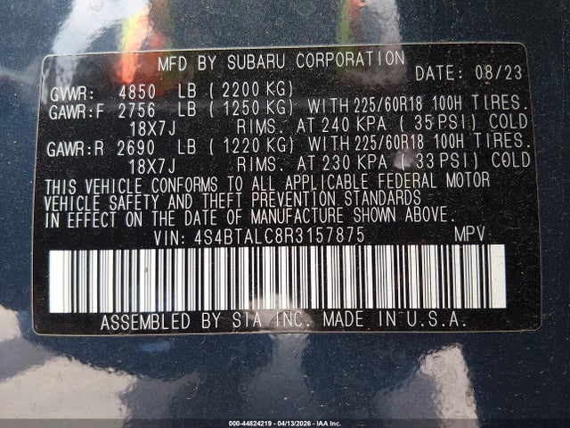 Продажа на аукционе авто 2024 Subaru Outback Onyx Edition, vin: 4S4BTALC8R3157875, номер лота: 44824219