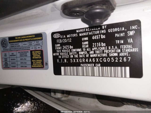 Aukcja sprzedaży 2012 Kia Optima Sx, vin: 5XXGR4A6XCG052267, numer aukcji: 44824224