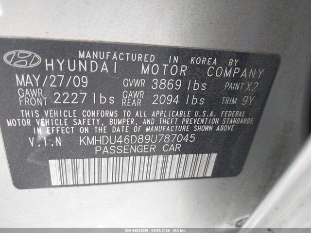 Продаж на аукціоні авто 2009 Hyundai Elantra Gls, vin: KMHDU46D89U787045, номер лоту: 44824226