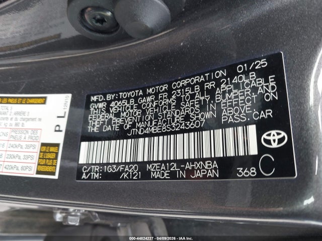 Aukcja sprzedaży 2025 Toyota Corolla Se, vin: JTND4MBE8S3243607, numer aukcji: 44824227