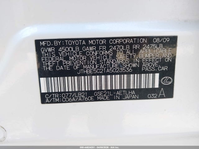 Aukcja sprzedaży 2010 Lexus Is 350, vin: JTHBE5C21A5023536, numer aukcji: 44824251