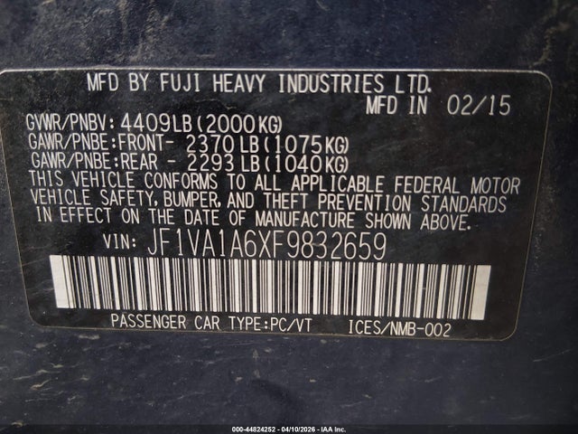 Auction sale of the 2015 Subaru Wrx, vin: JF1VA1A6XF9832659, lot number: 44824252