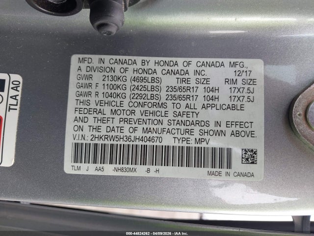 Auction sale of the 2018 Honda Cr-v Lx, vin: 2HKRW5H36JH404670, lot number: 44824262