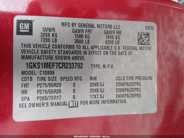 Продаж на аукціоні авто 2012 Gmc Yukon Xl 1500 Denali, vin: 1GKS1MEF7CR233792, номер лоту: 44824266