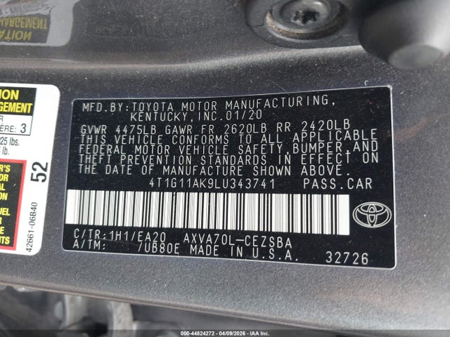 2020 Toyota Camry Se მანქანა იყიდება აუქციონზე, vin: 4T1G11AK9LU343741, აუქციონის ნომერი: 44824272