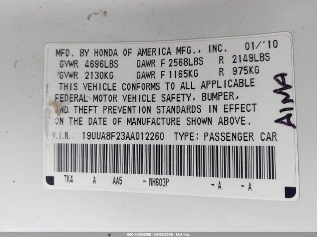 2010 Acura Tl 3.5 მანქანა იყიდება აუქციონზე, vin: 19UUA8F23AA012260, აუქციონის ნომერი: 44824299