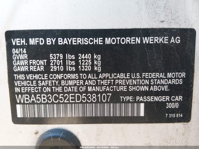 Aukcja sprzedaży 2014 Bmw 535i Xdrive, vin: WBA5B3C52ED538107, numer aukcji: 44824304