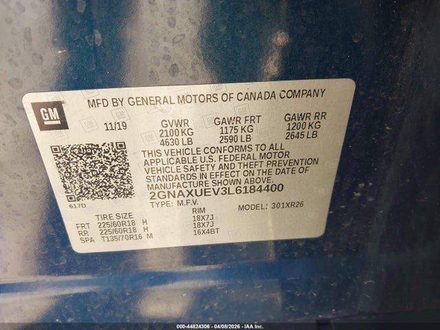 44824306 :رقم المزاد ، 2GNAXUEV3L6184400 vin ، 2020 Chevrolet Equinox Awd Lt 1.5l Turbo مزاد بيع