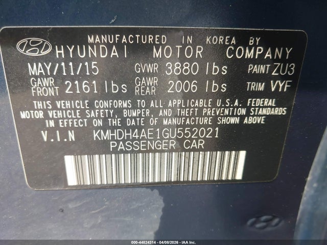 44824314 :رقم المزاد ، KMHDH4AE1GU552021 vin ، 2016 Hyundai Elantra Se مزاد بيع