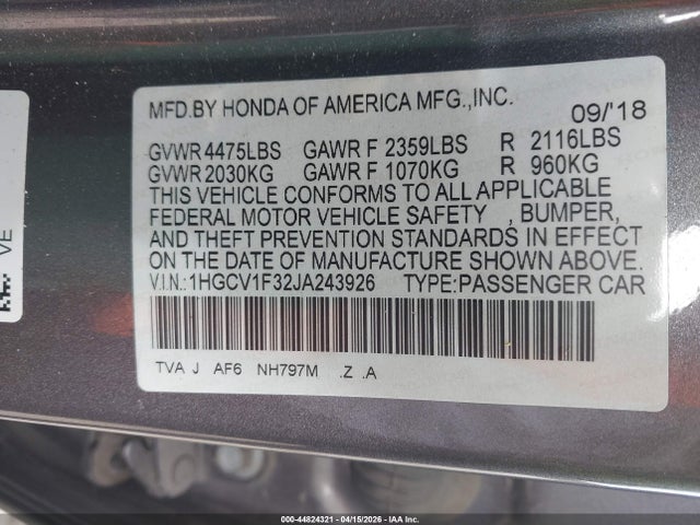 Aukcja sprzedaży 2018 Honda Accord Sport, vin: 1HGCV1F32JA243926, numer aukcji: 44824321