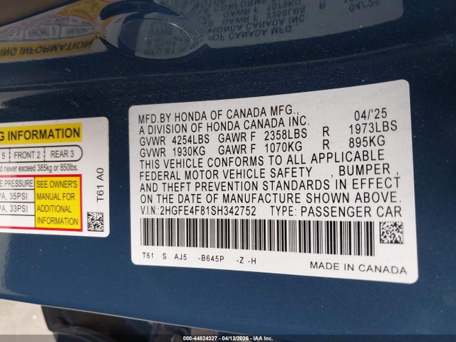 44824327 :رقم المزاد ، 2HGFE4F81SH342752 vin ، 2025 Honda Civic Hybrid Sport/sport Touring مزاد بيع