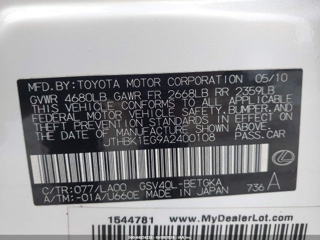 Aukcja sprzedaży 2010 Lexus Es 350, vin: JTHBK1EG9A2400108, numer aukcji: 44824328