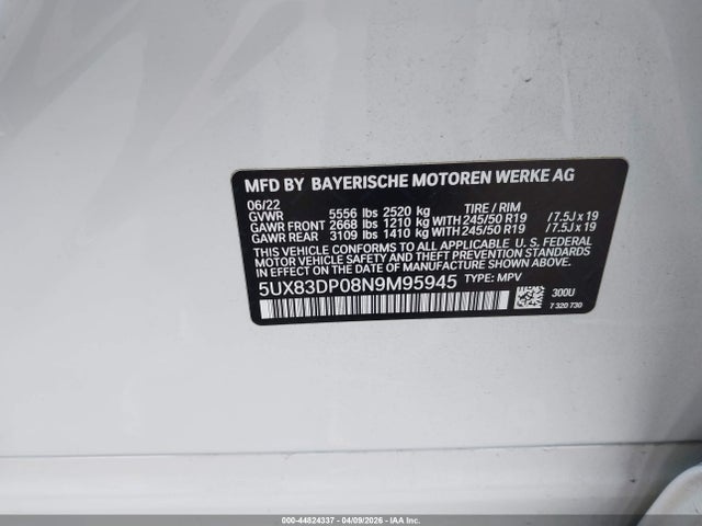 44824337 :رقم المزاد ، 5UX83DP08N9M95945 vin ، 2022 Bmw X3 M40i مزاد بيع