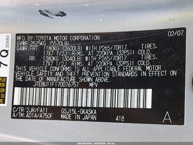 44824342 :رقم المزاد ، JTEBU11F170076757 vin ، 2007 Toyota Fj Cruiser مزاد بيع