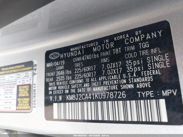Продаж на аукціоні авто 2019 Hyundai Tucson Se, vin: KM8J2CA41KU978726, номер лоту: 44824351