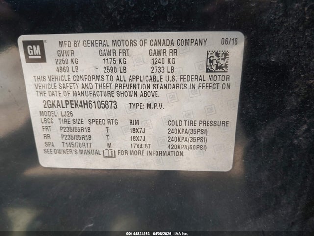 44824363 :رقم المزاد ، 2GKALPEK4H6105873 vin ، 2017 Gmc Terrain Slt مزاد بيع