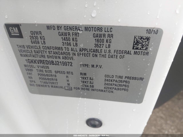 Aukcja sprzedaży 2011 Gmc Acadia Slt-1, vin: 1GKKVRED9BJ219972, numer aukcji: 44824370