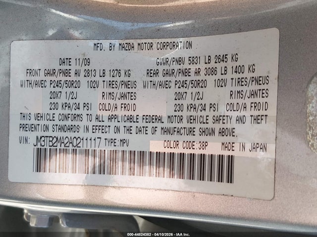 Продаж на аукціоні авто 2010 Mazda Cx-9 Grand Touring, vin: JM3TB2MA2A0211117, номер лоту: 44824382