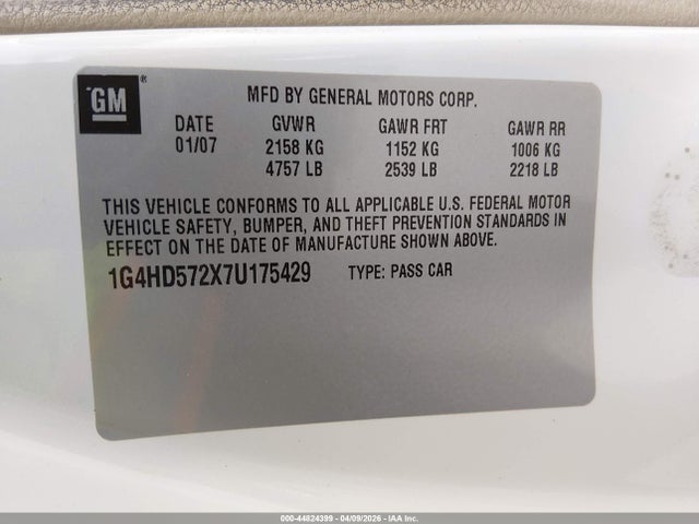 44824399 :رقم المزاد ، 1G4HD572X7U175429 vin ، 2007 Buick Lucerne Cxl مزاد بيع