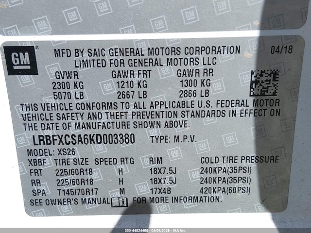 Продажа на аукционе авто 2019 Buick Envision Fwd Essence, vin: LRBFXCSA6KD003380, номер лота: 44824405
