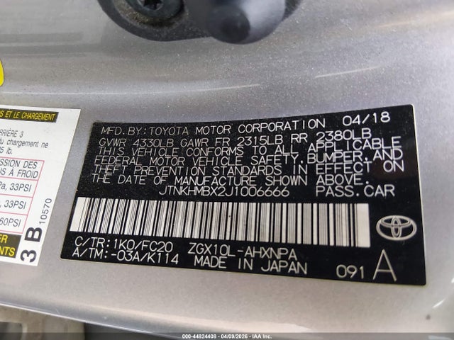 44824408 :رقم المزاد ، JTNKHMBX2J1006666 vin ، 2018 Toyota C-hr Xle مزاد بيع