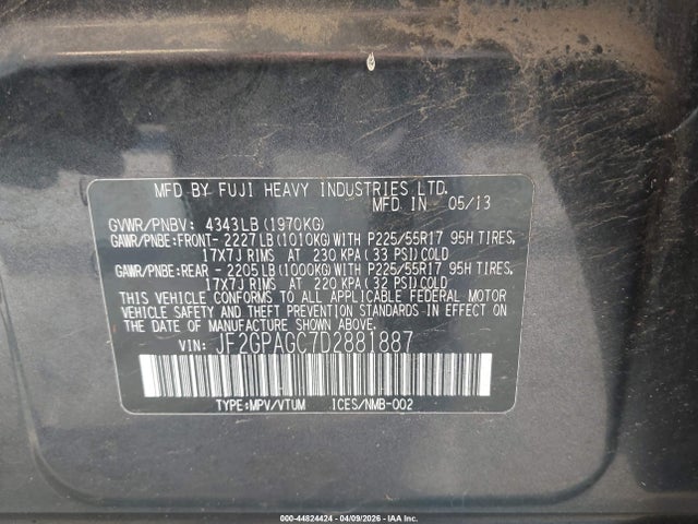 2013 Subaru Xv Crosstrek 2.0i Limited მანქანა იყიდება აუქციონზე, vin: JF2GPAGC7D2881887, აუქციონის ნომერი: 44824424