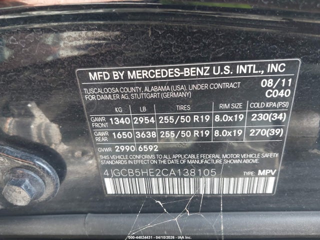 Aukcja sprzedaży 2012 Mercedes-benz R 350 4matic, vin: 4JGCB5HE2CA138105, numer aukcji: 44824431