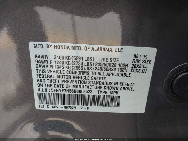 Honda Passport Ex-l 2019 5FNYF7H56KB008523 Image 9
