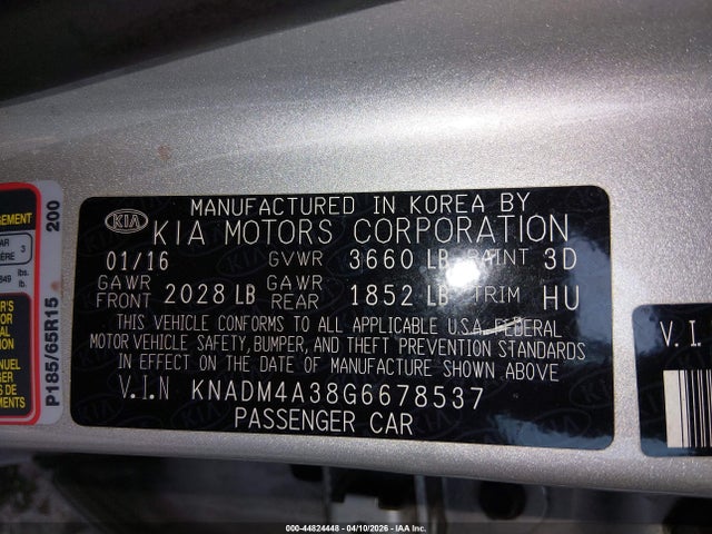 2016 Kia Rio Lx მანქანა იყიდება აუქციონზე, vin: KNADM4A38G6678537, აუქციონის ნომერი: 44824448