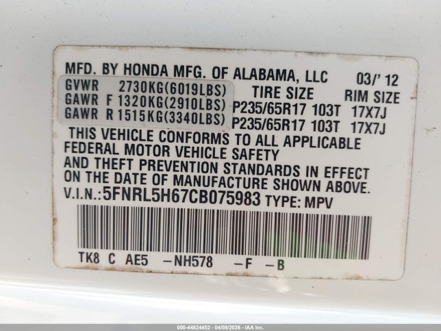 44824452 :رقم المزاد ، 5FNRL5H67CB075983 vin ، 2012 Honda Odyssey Ex-l مزاد بيع